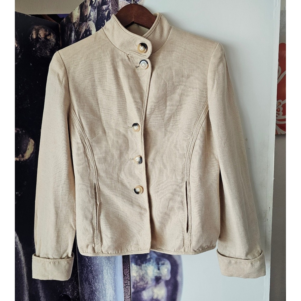 Evan-Picone Womens Beige Mock Neck Button Front Blazer Jacket Size S Small